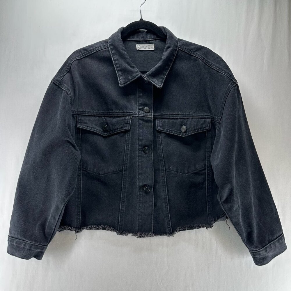 Elia Cher Cropped Denim Jacket Womens XL Pockets Frayed Hem Biker Grunge Black